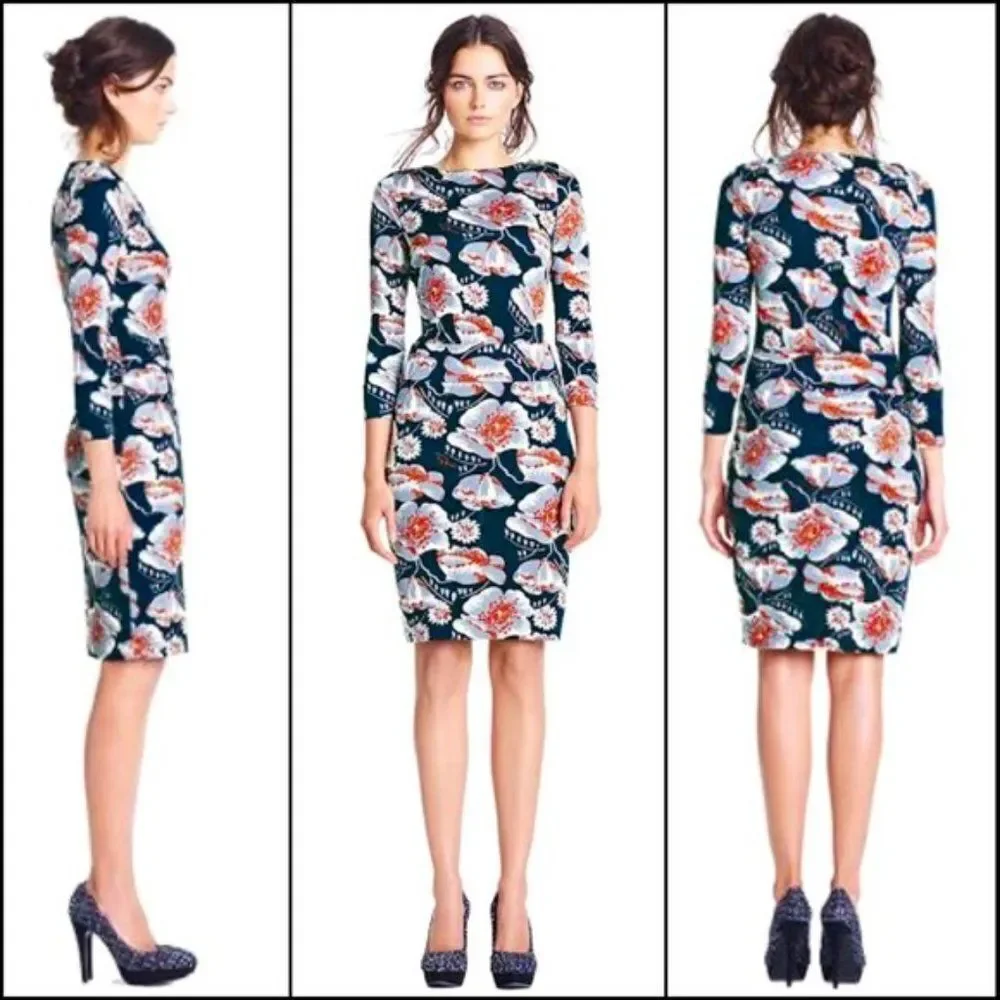 Tory Burch Sheila Floral Silk Dress Knee Lenght 3/4 Sleeve Blue White Size S
